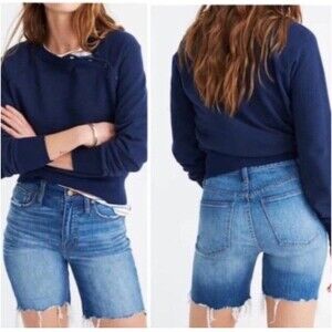 Madewell Mid Length Denim Shorts Women 26 Raw Hem High Rise Distressed Bermudas